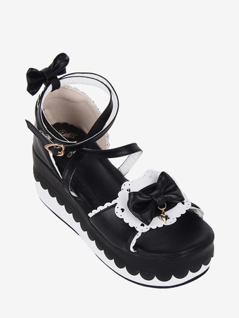スイートロリータサンダル ブラック 蝶結び PUレザー 夏 かわいい シューズ