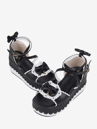スイートロリータサンダル ブラック 蝶結び PUレザー 夏 かわいい シューズ