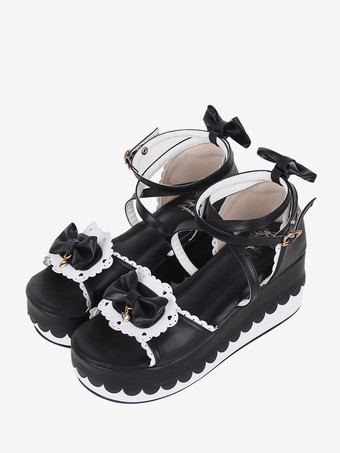 ブラック スイートロリータサンダル ブラック 蝶結び PUレザー 夏 かわいい シューズ