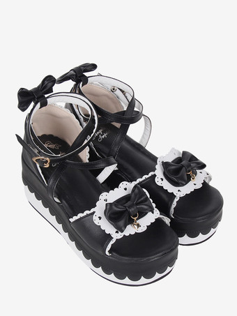 スイートロリータサンダル ブラック 蝶結び PUレザー 夏 かわいい シューズ