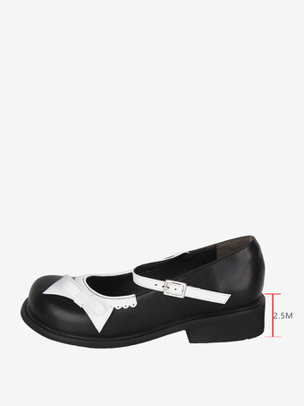 スイートロリータパンプス ブラック フラット 蝶結び PUレザー かわいいファッションシューズ