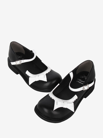 スイートロリータパンプス ブラック フラット 蝶結び PUレザー かわいいファッションシューズ