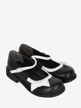 スイートロリータパンプス ブラック フラット 蝶結び PUレザー かわいいファッションシューズ