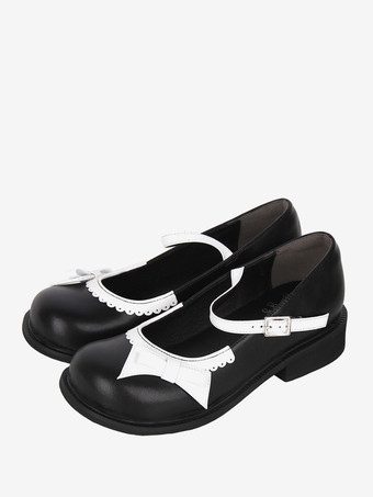 ブラック スイートロリータパンプス ブラック フラット 蝶結び PUレザー かわいいファッションシューズ