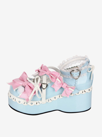 スイートロリータシューズ ライトスカイブルー ラウンドトゥ 蝶結び PUレザー かわいいファッションフットウェア