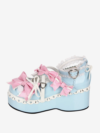 スイートロリータシューズ ライトスカイブルー ラウンドトゥ 蝶結び PUレザー かわいいファッションフットウェア