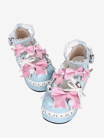 スイートロリータシューズ ライトスカイブルー ラウンドトゥ 蝶結び PUレザー かわいいファッションフットウェア