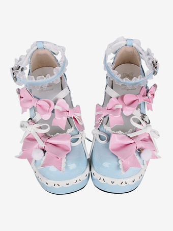 スイートロリータシューズ ライトスカイブルー ラウンドトゥ 蝶結び PUレザー かわいいファッションフットウェア