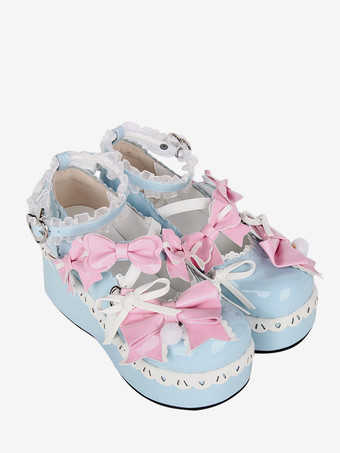 スイートロリータシューズ ライトスカイブルー ラウンドトゥ 蝶結び PUレザー かわいいファッションフットウェア
