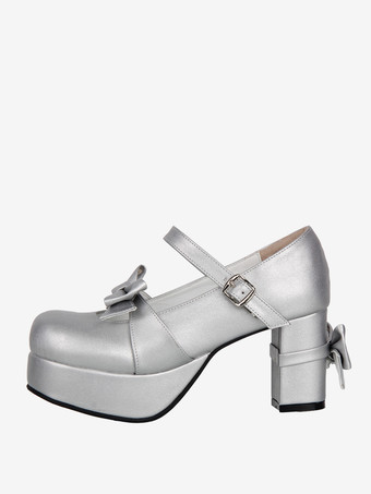 スイートロリータパンプス シルバー ラウンドトゥ 蝶結び PUレザーシューズ かわいいファッションフットウェア