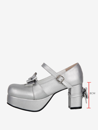 スイートロリータパンプス シルバー ラウンドトゥ 蝶結び PUレザーシューズ かわいいファッションフットウェア