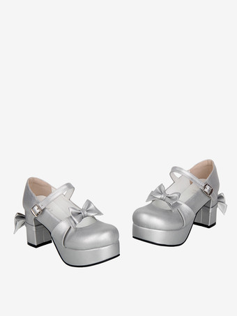 スイートロリータパンプス シルバー ラウンドトゥ 蝶結び PUレザーシューズ かわいいファッションフットウェア