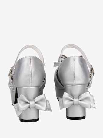 スイートロリータパンプス シルバー ラウンドトゥ 蝶結び PUレザーシューズ かわいいファッションフットウェア