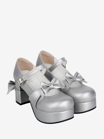 スイートロリータパンプス シルバー ラウンドトゥ 蝶結び PUレザーシューズ かわいいファッションフットウェア