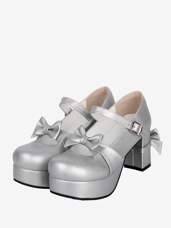 シルバー スイートロリータパンプス シルバー ラウンドトゥ 蝶結び PUレザーシューズ かわいいファッションフットウェア