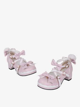 ロリータシューズ ピンク スイートチャンキーヒール レザー 蝶結び メリージェーン かわいいロリータシューズ