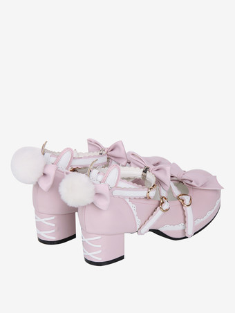 ロリータシューズ ピンク スイートチャンキーヒール レザー 蝶結び メリージェーン かわいいロリータシューズ