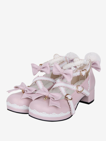 ロリータシューズ ピンク スイートチャンキーヒール レザー 蝶結び メリージェーン かわいいロリータシューズ