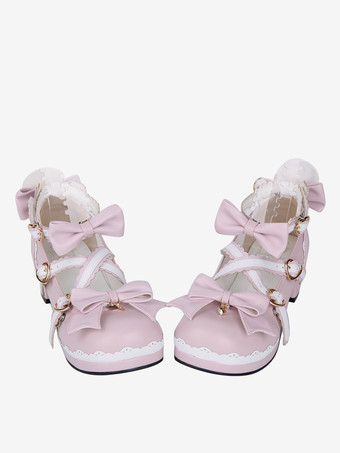 Chaussures Lolita Sweet Lolita roses à talons épais et nœuds en cuir PU