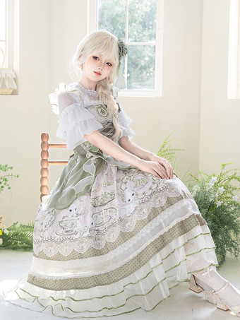 セージグリーンスイートロリータドレス ノースリーブ ジャンパースカート パール クラシック おとぎ話 パーティーコスチューム サテン生地 かわいい ファッション