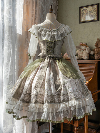 スイートロリータドレス セージグリーン 長袖 刺繍 ウサギ柄 クラシック おとぎ話 ドレス ポリエステル かわいい ファッション