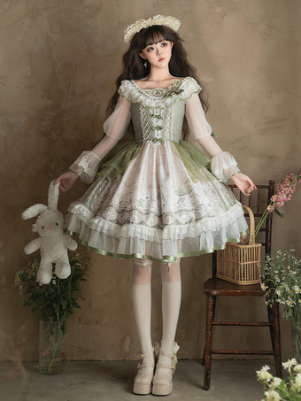 セージグリーンスイートロリータドレス セージグリーン 長袖 刺繍 ウサギ柄 クラシック おとぎ話 ドレス ポリエステル かわいい ファッション