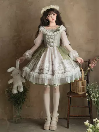 Sweet Lolita Dress Sage Green Long Sleeves Embroidered Bunny Pattern Classic Fairytale Dress Polyester Kawaii Fashion - Milanoo.com Sweet Lolita Dress Sage Green Long Sleeves Embroidered Bunny Pattern Classic Fairytale Dress Polyester Kawaii Fashion - Milanoo.com