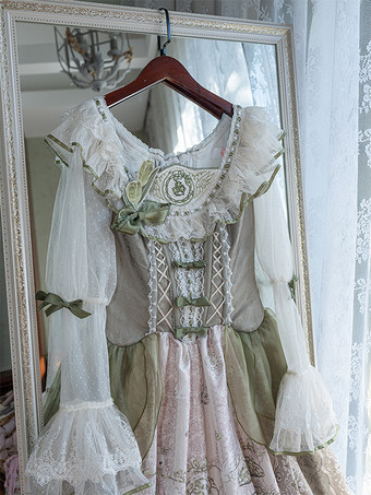 スイートロリータドレス セージグリーン 長袖 刺繍 ウサギ柄 クラシック おとぎ話 ドレス ポリエステル かわいい ファッション