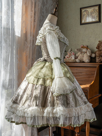 スイートロリータドレス セージグリーン 長袖 刺繍 ウサギ柄 クラシック おとぎ話 ドレス ポリエステル かわいい ファッション