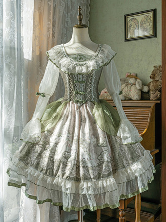 スイートロリータドレス セージグリーン 長袖 刺繍 ウサギ柄 クラシック おとぎ話 ドレス ポリエステル かわいい ファッション