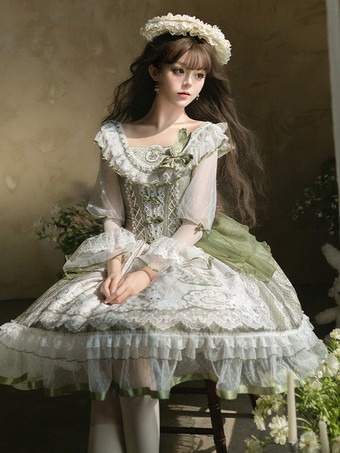 スイートロリータドレス セージグリーン 長袖 刺繍 ウサギ柄 クラシック おとぎ話 ドレス ポリエステル かわいい ファッション