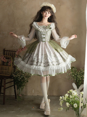 スイートロリータドレス セージグリーン 長袖 刺繍 ウサギ柄 クラシック おとぎ話 ドレス ポリエステル かわいい ファッション