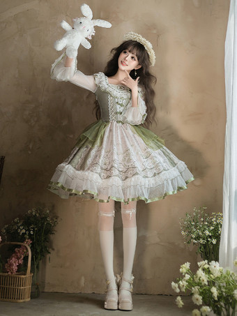 スイートロリータドレス セージグリーン 長袖 刺繍 ウサギ柄 クラシック おとぎ話 ドレス ポリエステル かわいい ファッション