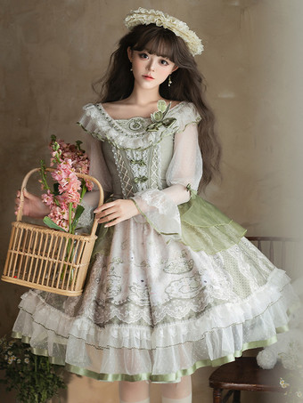 スイートロリータドレス セージグリーン 長袖 刺繍 ウサギ柄 クラシック おとぎ話 ドレス ポリエステル かわいい ファッション
