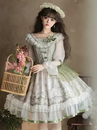 Sweet Lolita Dress Sage Green Long Sleeves Embroidered Bunny Pattern  Classic Fairytale Dress Polyester Kawaii Fashion