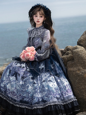 ハロウィン ゴシックパーティーロリータドレス、フリル、ビーズ、アニマルプリント、花柄プリントドレス