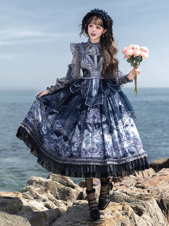 ハロウィン ゴシックパーティーロリータドレス、フリル、ビーズ、アニマルプリント、花柄プリントドレス