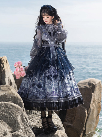 ハロウィン ゴシックパーティーロリータドレス、フリル、ビーズ、アニマルプリント、花柄プリントドレス