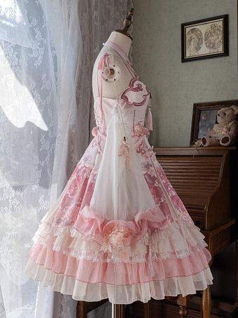 ロリータドレス スイートマゼンタ ノースリーブ レースドレス チェーン付き カワイイアジアンファッション