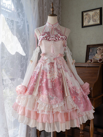 ロリータドレス スイートマゼンタ ノースリーブ レースドレス チェーン付き カワイイアジアンファッション