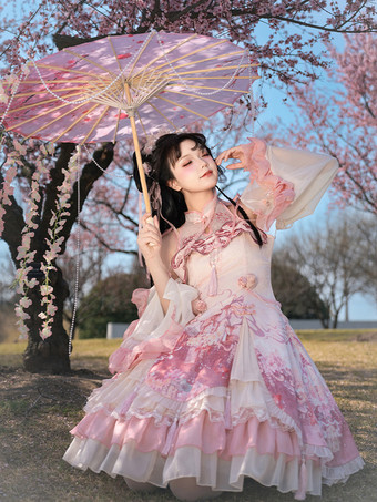 ロリータドレス スイートマゼンタ ノースリーブ レースドレス チェーン付き カワイイアジアンファッション