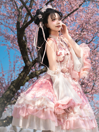 ロリータドレス スイートマゼンタ ノースリーブ レースドレス チェーン付き カワイイアジアンファッション