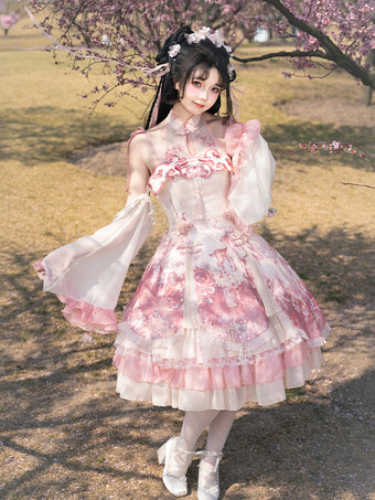 ロリータドレス スイートマゼンタ ノースリーブ レースドレス チェーン付き カワイイアジアンファッション