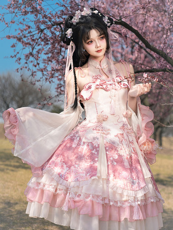 ロリータドレス スイートマゼンタ ノースリーブ レースドレス チェーン付き カワイイアジアンファッション