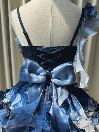 スイートロリータドレス ディープブルー ノースリーブ ティーパーティースタイル 花柄 オーガンザスカート レースディテール かわいいファッション