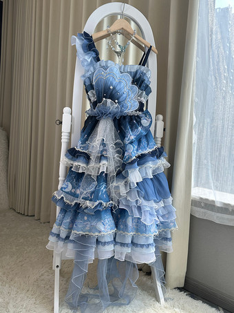 スイートロリータドレス ディープブルー ノースリーブ ティーパーティースタイル 花柄 オーガンザスカート レースディテール かわいいファッション