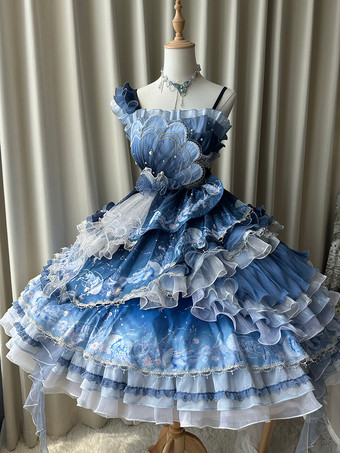 スイートロリータドレス ディープブルー ノースリーブ ティーパーティースタイル 花柄 オーガンザスカート レースディテール かわいいファッション