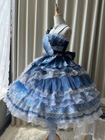 スイートロリータドレス ディープブルー ノースリーブ ティーパーティースタイル 花柄 オーガンザスカート レースディテール かわいいファッション