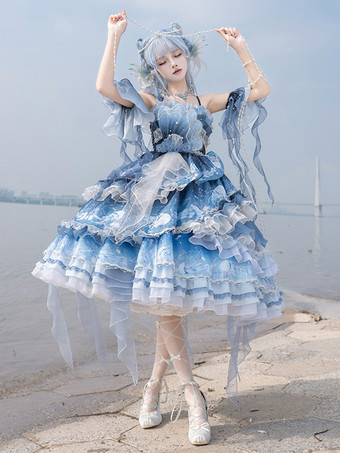 スイートロリータドレス ディープブルー ノースリーブ ティーパーティースタイル 花柄 オーガンザスカート レースディテール かわいいファッション