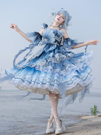 スイートロリータドレス ディープブルー ノースリーブ ティーパーティースタイル 花柄 オーガンザスカート レースディテール かわいいファッション